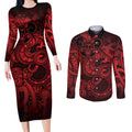Aotearoa Maori Hei Tiki Couples Matching Long Sleeve Bodycon Dress and Long Sleeve Button Shirt Whero Kowhaiwhai Puhoro Motif