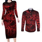 Aotearoa Maori Hei Tiki Couples Matching Long Sleeve Bodycon Dress and Long Sleeve Button Shirt Whero Kowhaiwhai Puhoro Motif