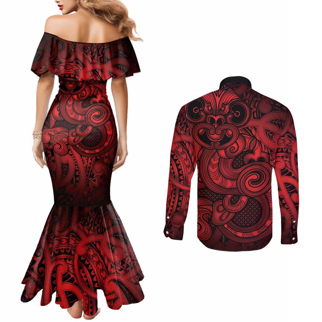 Aotearoa Maori Hei Tiki Couples Matching Mermaid Dress and Long Sleeve Button Shirt Whero Kowhaiwhai Puhoro Motif