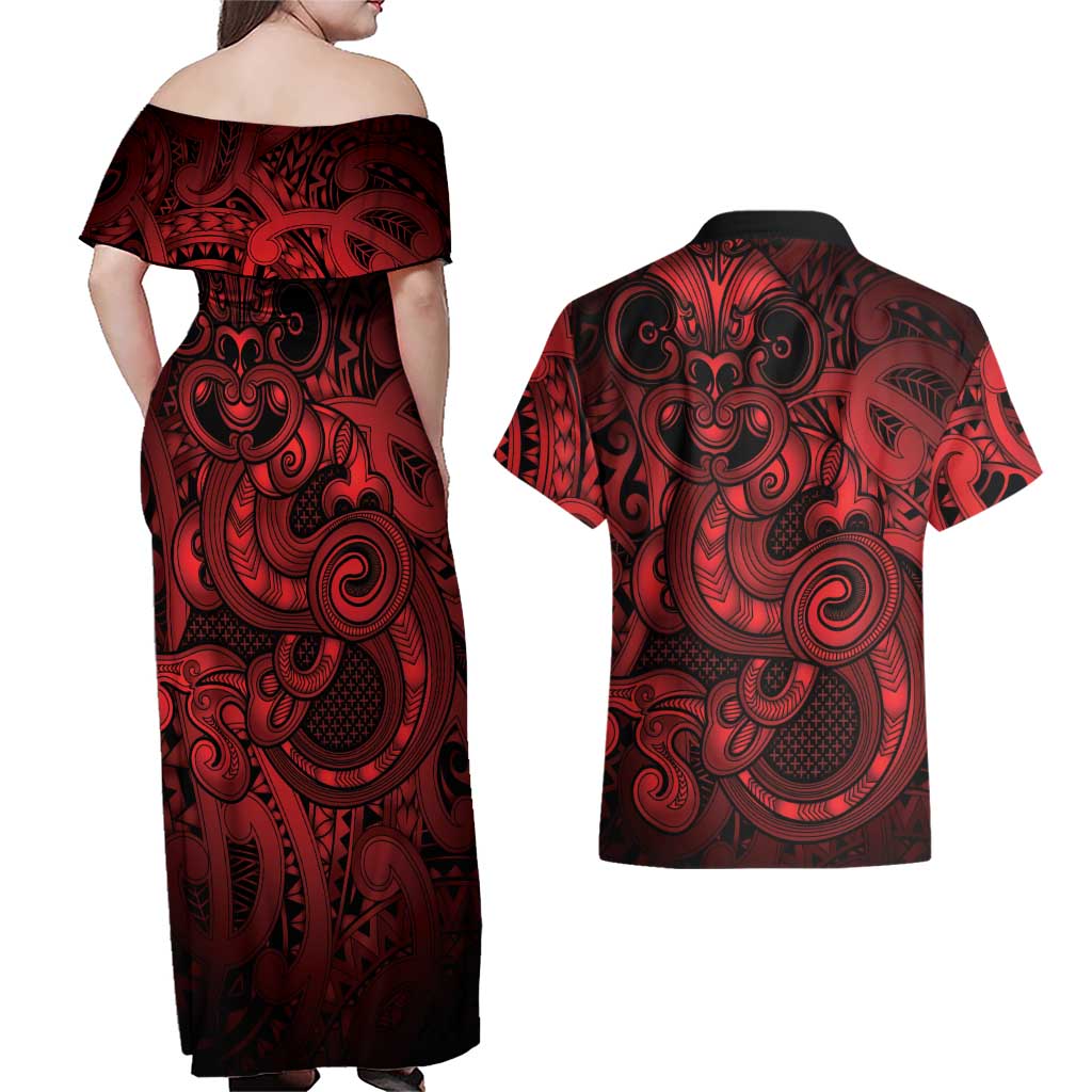 Aotearoa Maori Hei Tiki Couples Matching Off Shoulder Maxi Dress and Hawaiian Shirt Whero Kowhaiwhai Puhoro Motif
