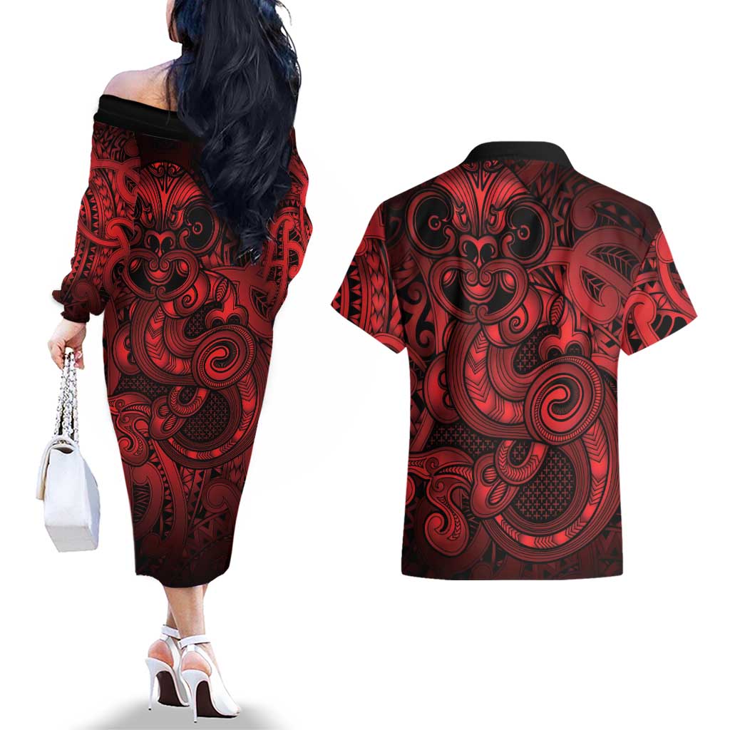Aotearoa Maori Hei Tiki Couples Matching Off The Shoulder Long Sleeve Dress and Hawaiian Shirt Whero Kowhaiwhai Puhoro Motif