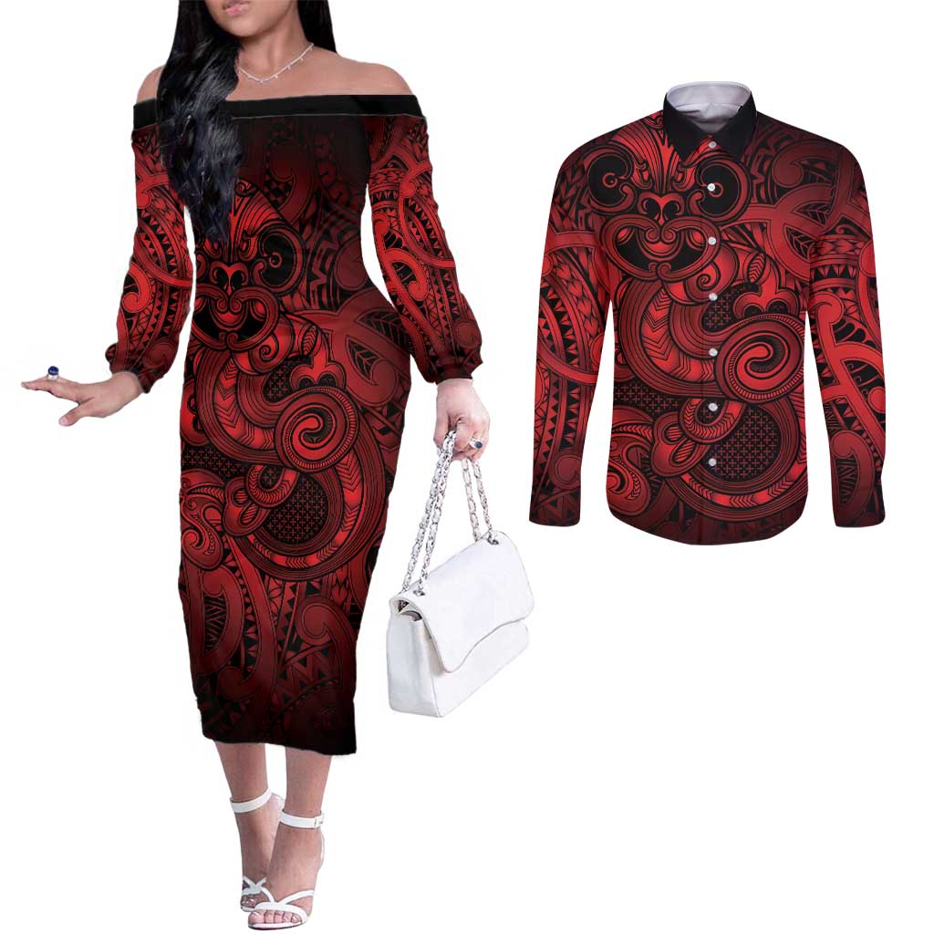 Aotearoa Maori Hei Tiki Couples Matching Off The Shoulder Long Sleeve Dress and Long Sleeve Button Shirt Whero Kowhaiwhai Puhoro Motif