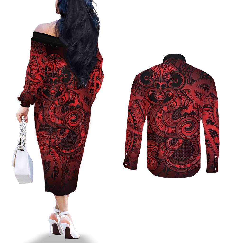 Aotearoa Maori Hei Tiki Couples Matching Off The Shoulder Long Sleeve Dress and Long Sleeve Button Shirt Whero Kowhaiwhai Puhoro Motif