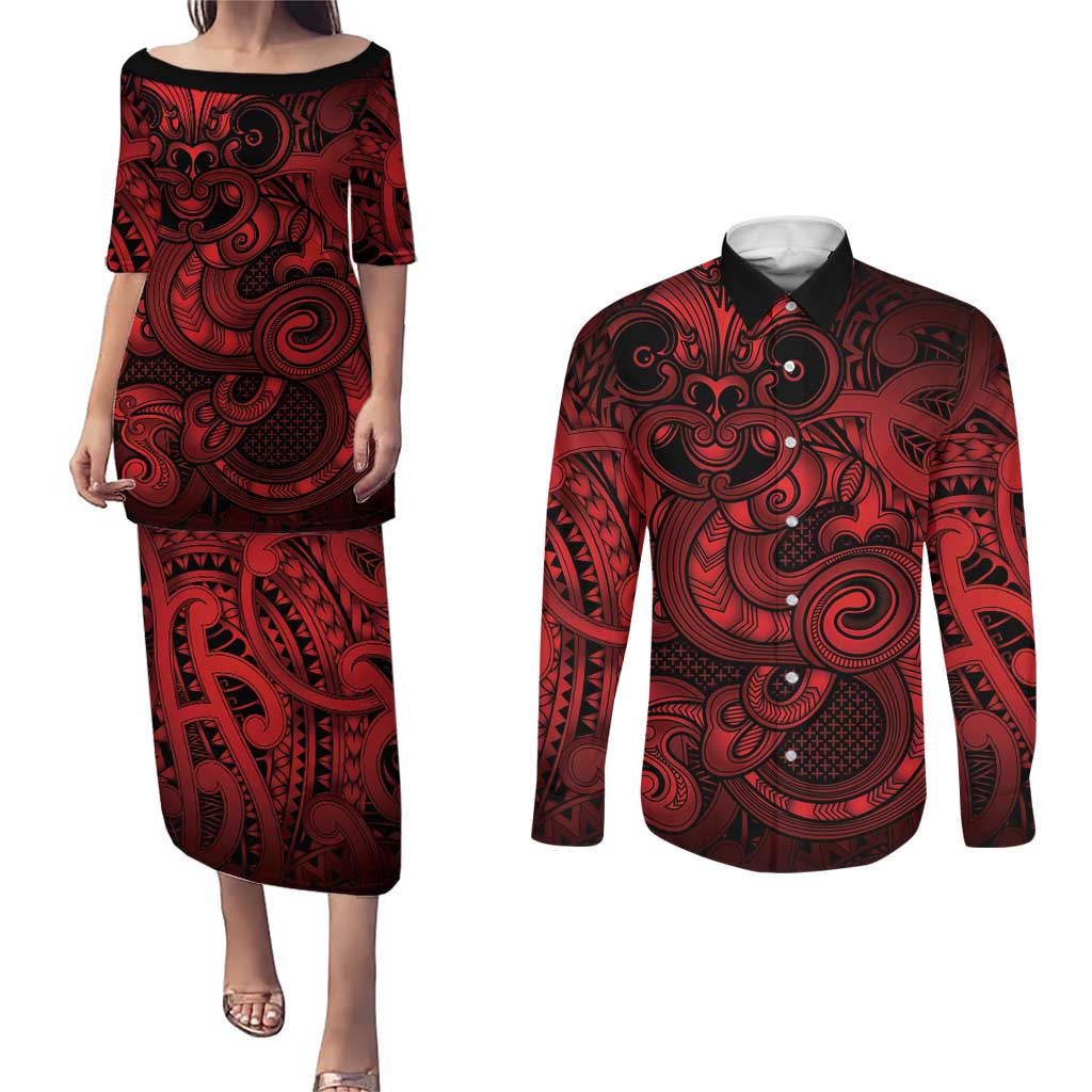 Aotearoa Maori Hei Tiki Couples Matching Puletasi and Long Sleeve Button Shirt Whero Kowhaiwhai Puhoro Motif
