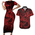 Aotearoa Maori Hei Tiki Couples Matching Short Sleeve Bodycon Dress and Hawaiian Shirt Whero Kowhaiwhai Puhoro Motif