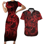 Aotearoa Maori Hei Tiki Couples Matching Short Sleeve Bodycon Dress and Hawaiian Shirt Whero Kowhaiwhai Puhoro Motif