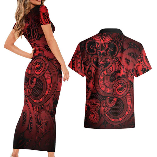 Aotearoa Maori Hei Tiki Couples Matching Short Sleeve Bodycon Dress and Hawaiian Shirt Whero Kowhaiwhai Puhoro Motif