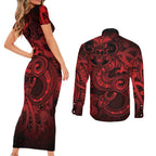 Aotearoa Maori Hei Tiki Couples Matching Short Sleeve Bodycon Dress and Long Sleeve Button Shirt Whero Kowhaiwhai Puhoro Motif