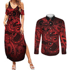 Aotearoa Maori Hei Tiki Couples Matching Summer Maxi Dress and Long Sleeve Button Shirt Whero Kowhaiwhai Puhoro Motif