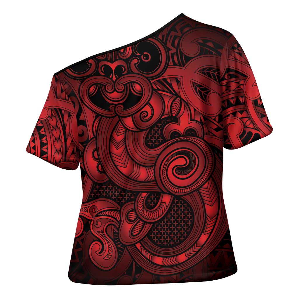 Aotearoa Maori Hei Tiki Cross Shoulder Shirt Whero Kowhaiwhai Puhoro Motif
