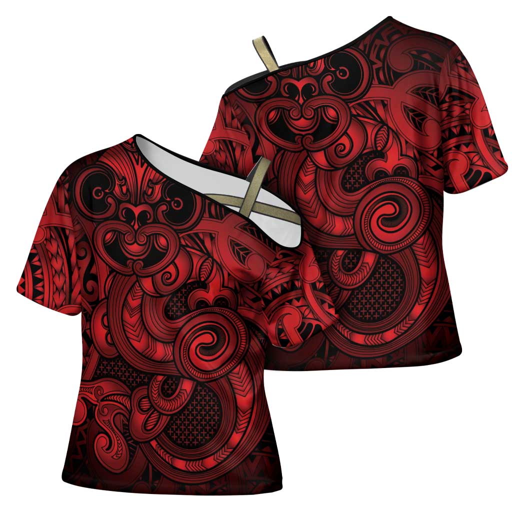 Aotearoa Maori Hei Tiki Cross Shoulder Shirt Whero Kowhaiwhai Puhoro Motif