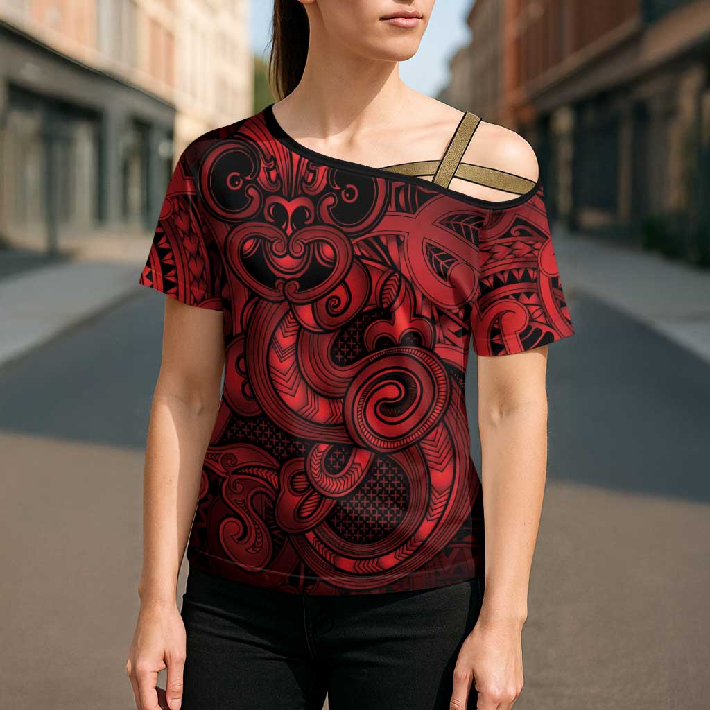 Aotearoa Maori Hei Tiki Cross Shoulder Shirt Whero Kowhaiwhai Puhoro Motif