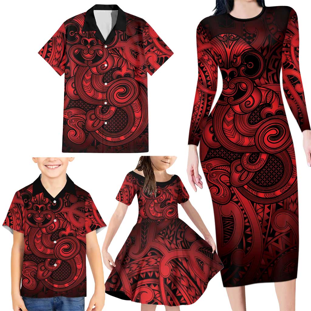 Aotearoa Maori Hei Tiki Family Matching Long Sleeve Bodycon Dress and Hawaiian Shirt Whero Kowhaiwhai Puhoro Motif