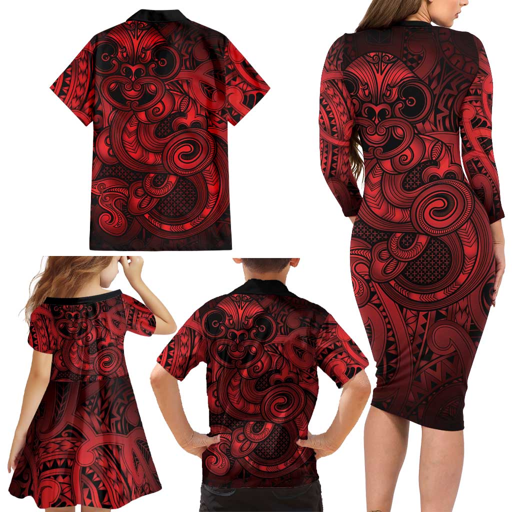 Aotearoa Maori Hei Tiki Family Matching Long Sleeve Bodycon Dress and Hawaiian Shirt Whero Kowhaiwhai Puhoro Motif