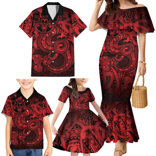 Aotearoa Maori Hei Tiki Family Matching Mermaid Dress and Hawaiian Shirt Whero Kowhaiwhai Puhoro Motif