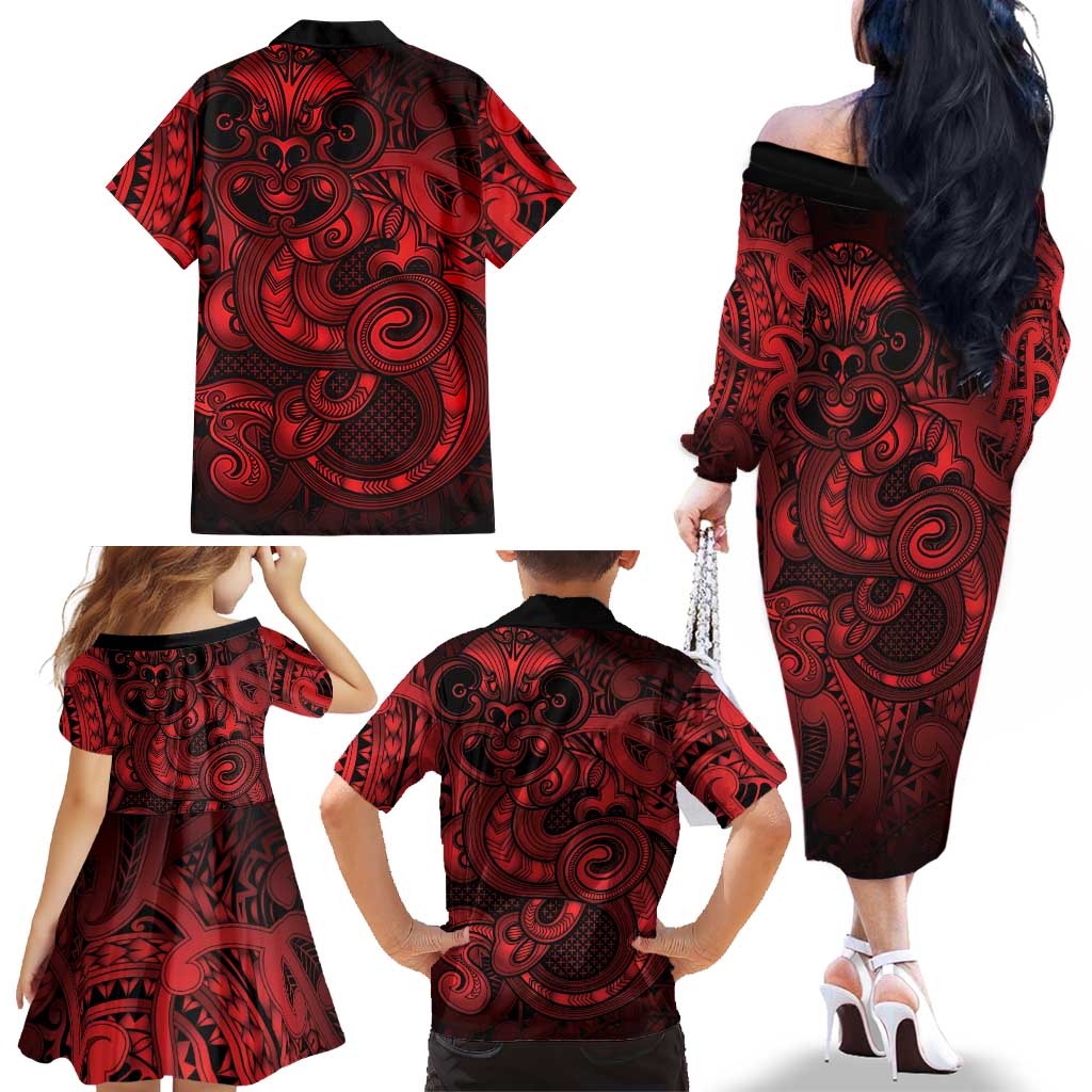 Aotearoa Maori Hei Tiki Family Matching Off The Shoulder Long Sleeve Dress and Hawaiian Shirt Whero Kowhaiwhai Puhoro Motif