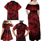 Aotearoa Maori Hei Tiki Family Matching Off Shoulder Maxi Dress and Hawaiian Shirt Whero Kowhaiwhai Puhoro Motif