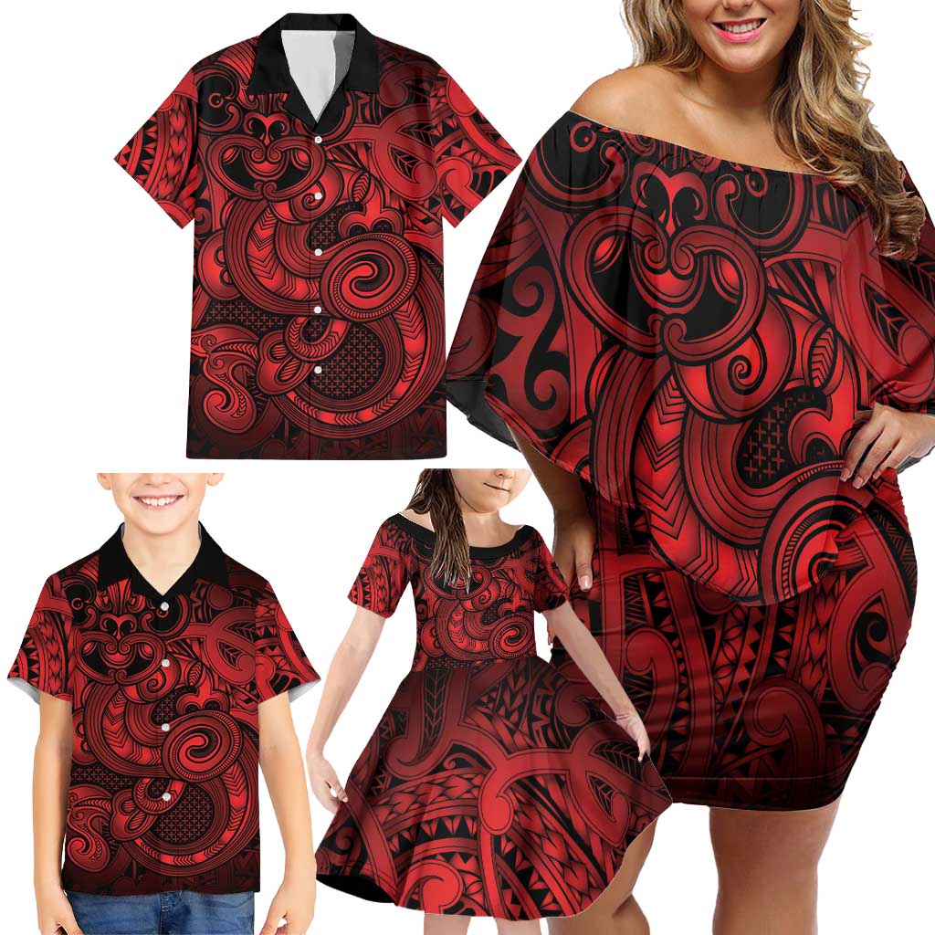 Aotearoa Maori Hei Tiki Family Matching Off Shoulder Short Dress and Hawaiian Shirt Whero Kowhaiwhai Puhoro Motif