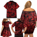 Aotearoa Maori Hei Tiki Family Matching Off Shoulder Short Dress and Hawaiian Shirt Whero Kowhaiwhai Puhoro Motif
