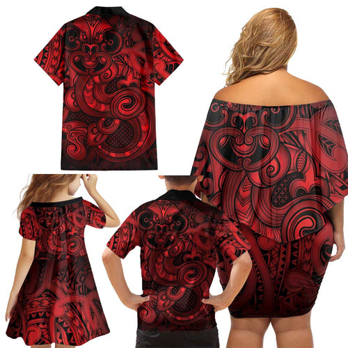 Aotearoa Maori Hei Tiki Family Matching Off Shoulder Short Dress and Hawaiian Shirt Whero Kowhaiwhai Puhoro Motif