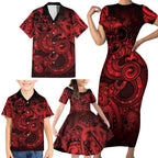 Aotearoa Maori Hei Tiki Family Matching Short Sleeve Bodycon Dress and Hawaiian Shirt Whero Kowhaiwhai Puhoro Motif
