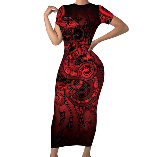 Aotearoa Maori Hei Tiki Family Matching Short Sleeve Bodycon Dress and Hawaiian Shirt Whero Kowhaiwhai Puhoro Motif