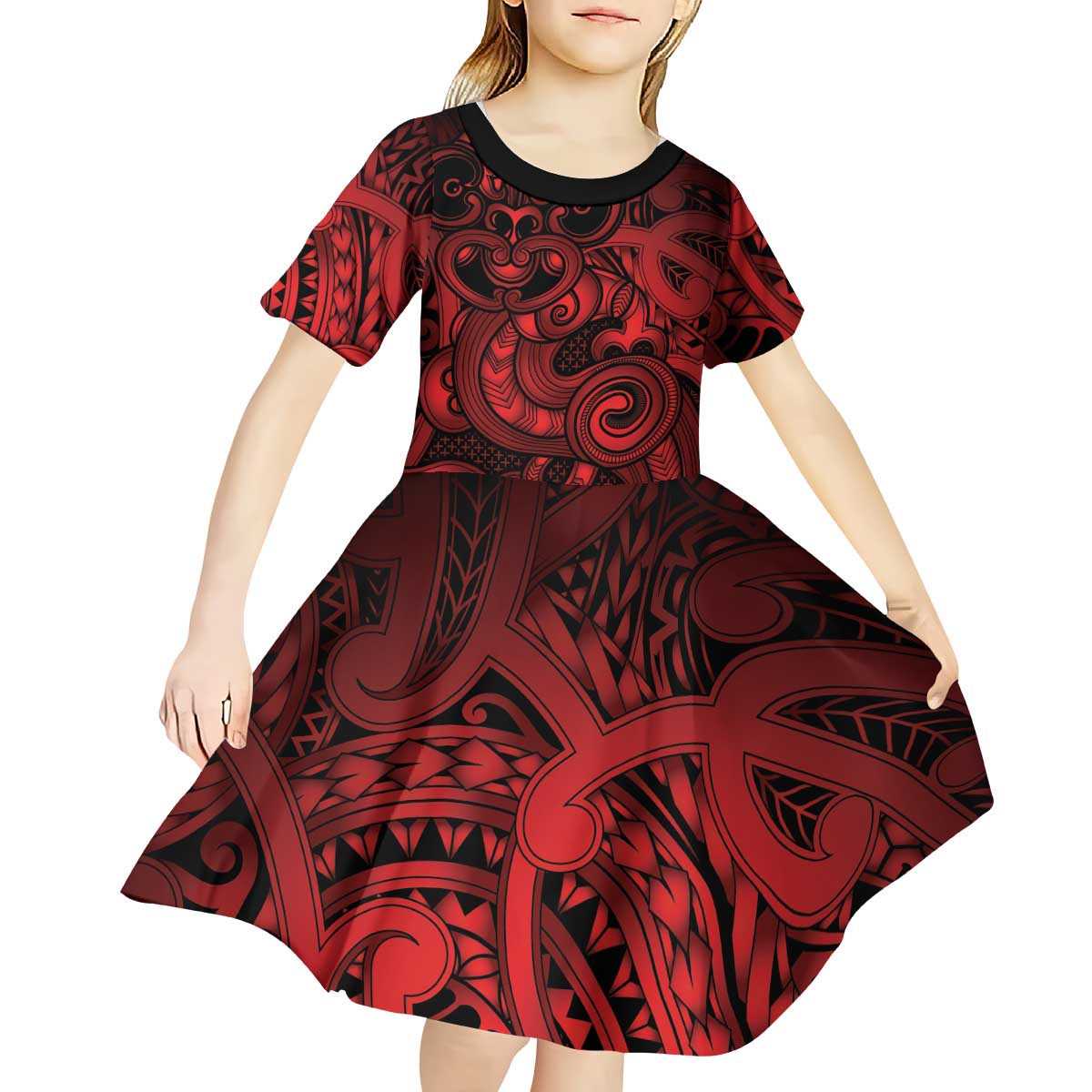 Aotearoa Maori Hei Tiki Kid Short Sleeve Dress Whero Kowhaiwhai Puhoro Motif