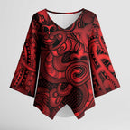 Aotearoa Maori Hei Tiki Kimono Sleeve Blouse Whero Kowhaiwhai Puhoro Motif