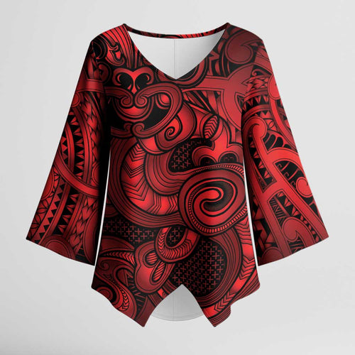 Aotearoa Maori Hei Tiki Kimono Sleeve Blouse Whero Kowhaiwhai Puhoro Motif