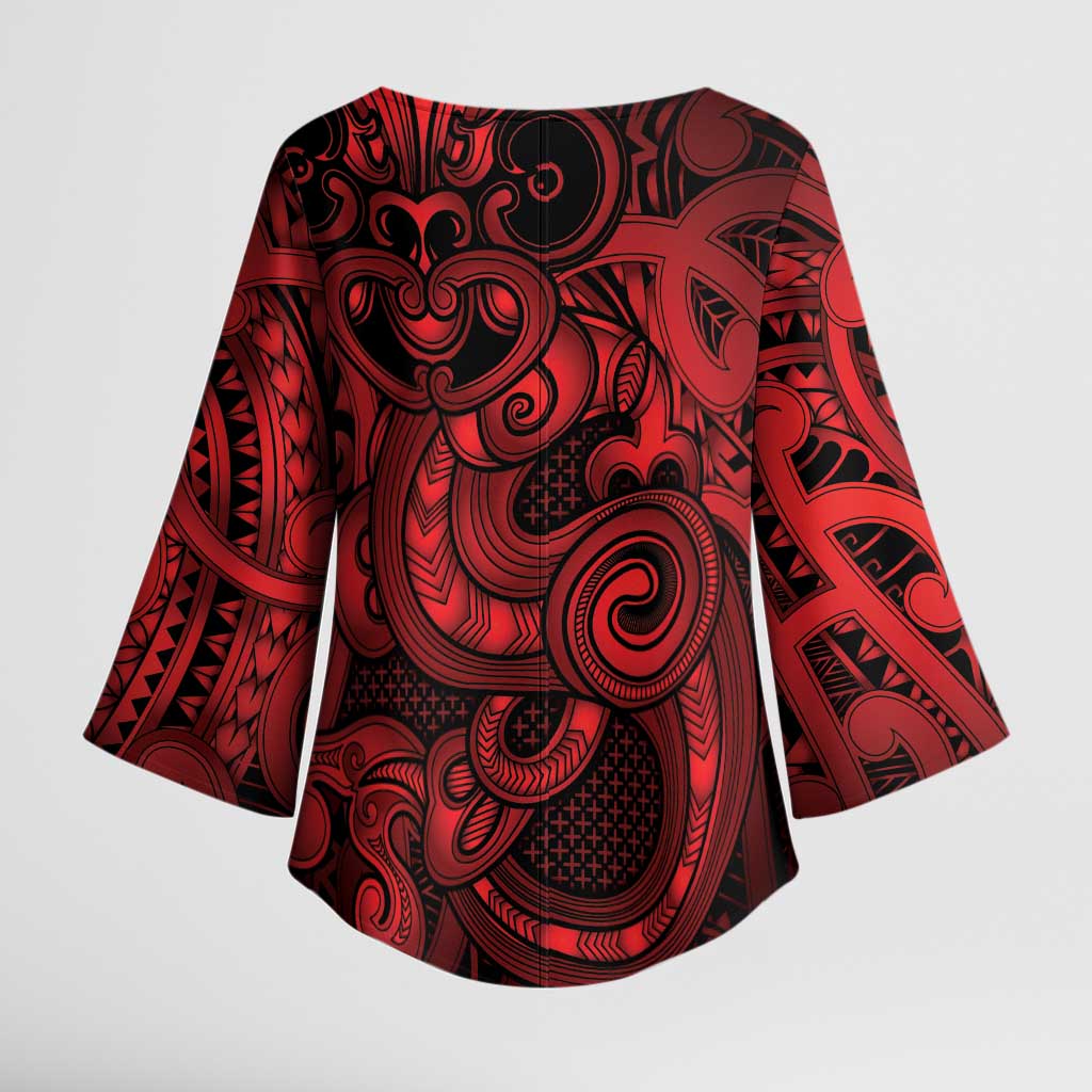 Aotearoa Maori Hei Tiki Kimono Sleeve Blouse Whero Kowhaiwhai Puhoro Motif