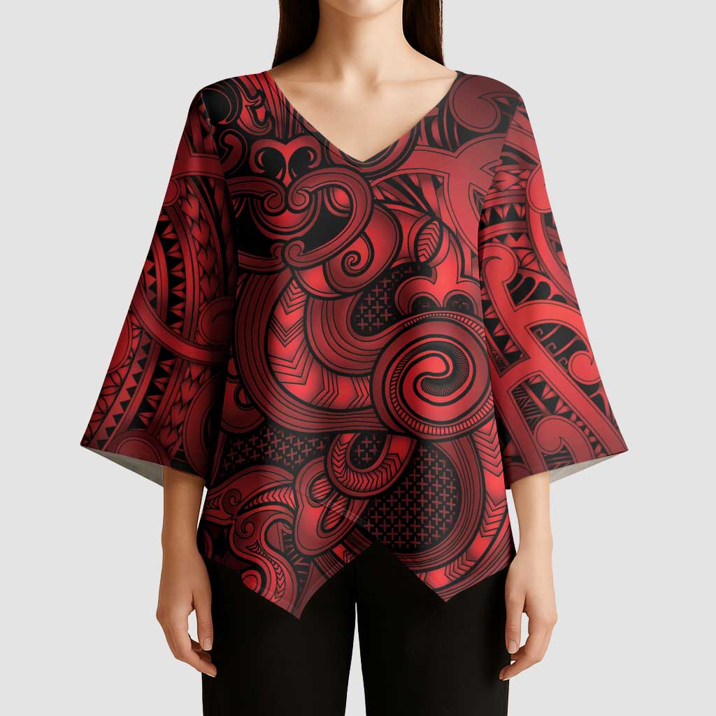 Aotearoa Maori Hei Tiki Kimono Sleeve Blouse Whero Kowhaiwhai Puhoro Motif