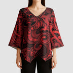 Aotearoa Maori Hei Tiki Kimono Sleeve Blouse Whero Kowhaiwhai Puhoro Motif