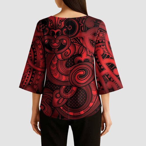 Aotearoa Maori Hei Tiki Kimono Sleeve Blouse Whero Kowhaiwhai Puhoro Motif