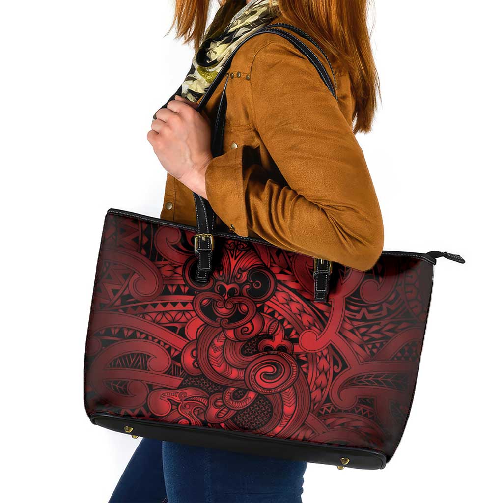 Aotearoa Maori Hei Tiki Leather Tote Bag Whero Kowhaiwhai Puhoro Motif