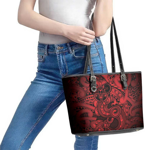 Aotearoa Maori Hei Tiki Leather Tote Bag Whero Kowhaiwhai Puhoro Motif