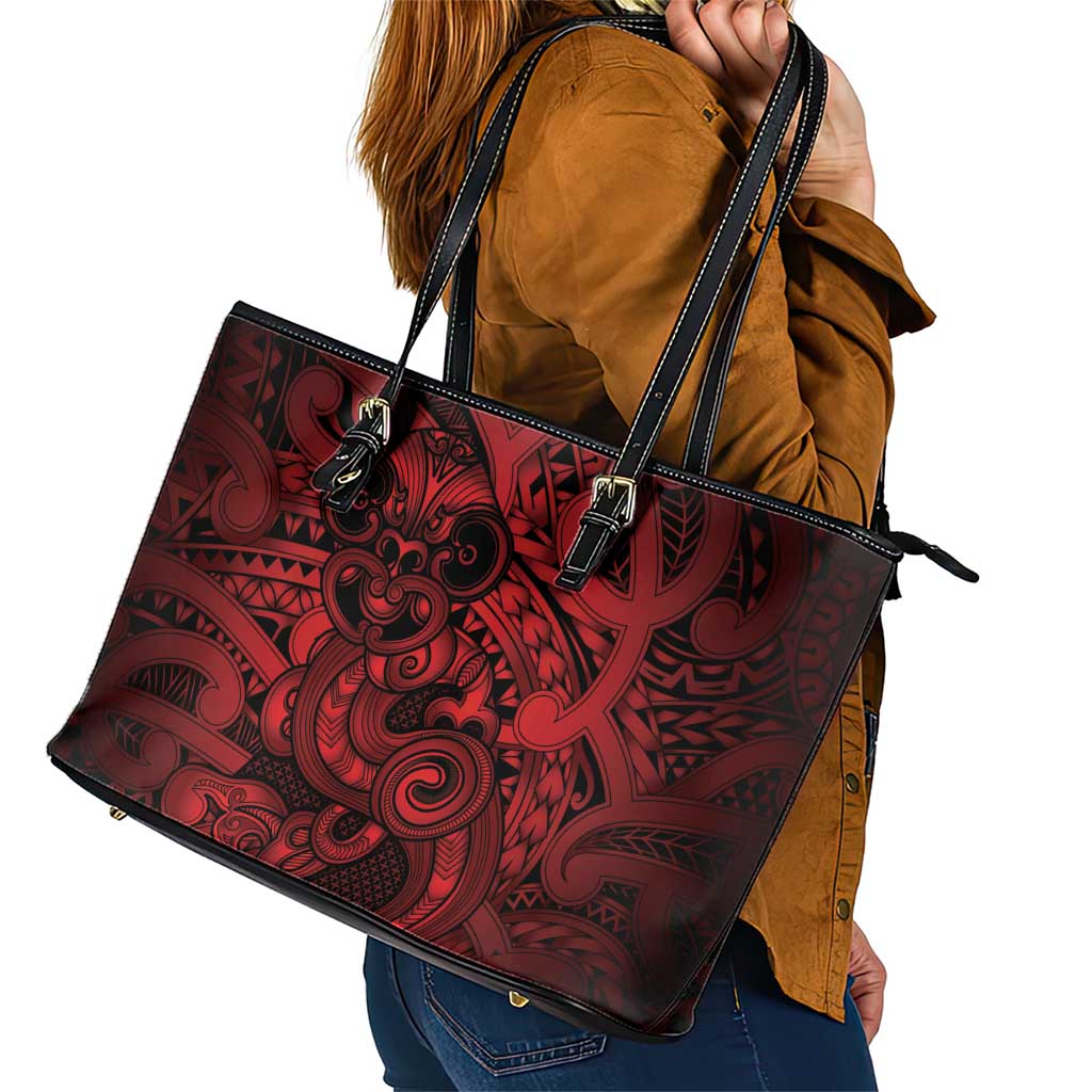 Aotearoa Maori Hei Tiki Leather Tote Bag Whero Kowhaiwhai Puhoro Motif