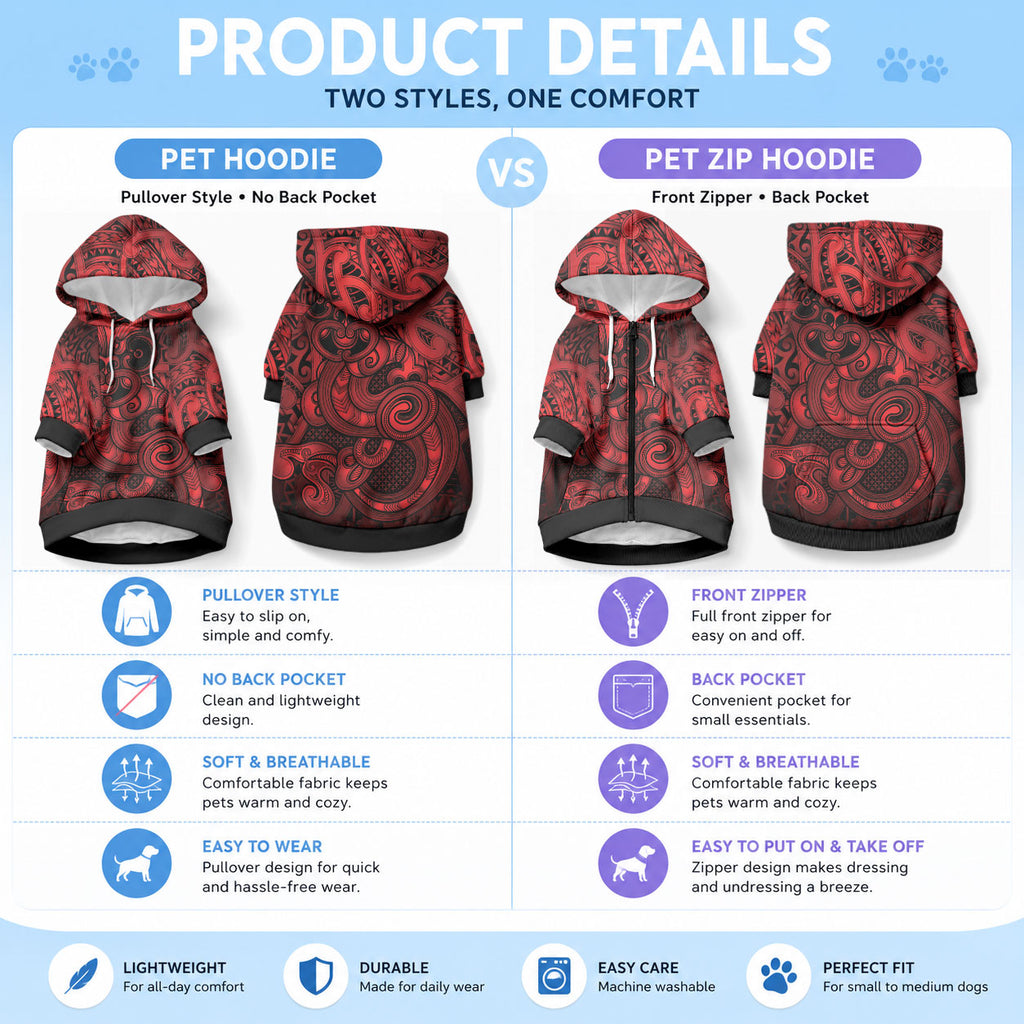 Aotearoa Maori Hei Tiki Pet Hoodie Whero Kowhaiwhai Puhoro Motif