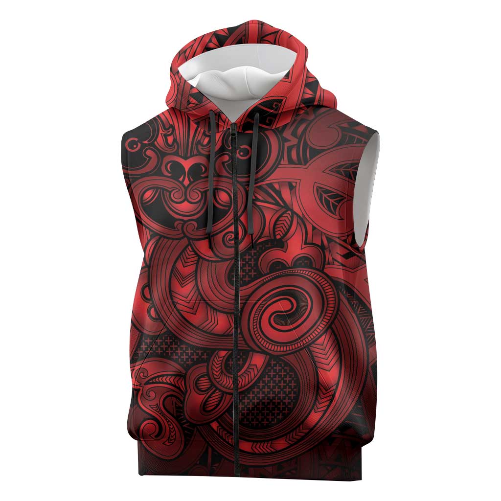 Aotearoa Maori Hei Tiki Sleeveless Zip Hoodie Whero Kowhaiwhai Puhoro Motif