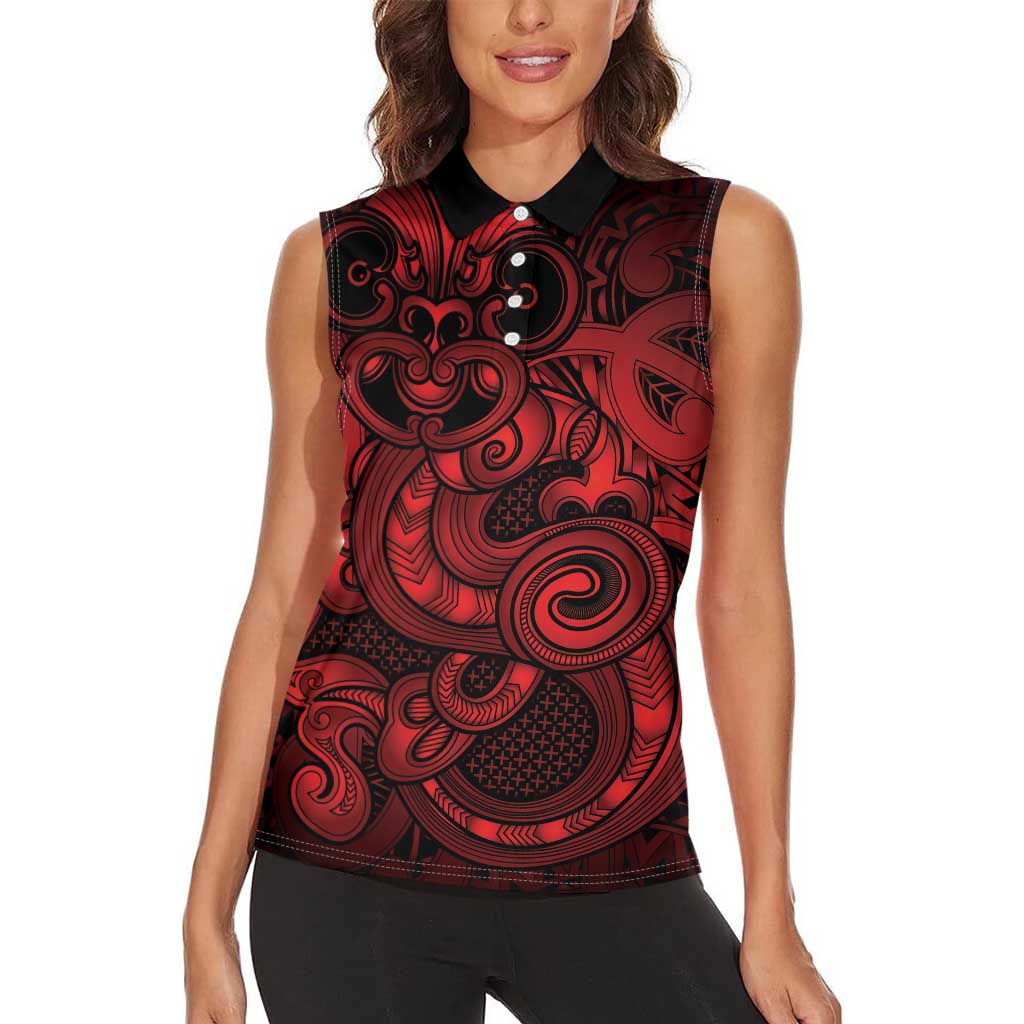 Aotearoa Maori Hei Tiki Women Sleeveless Polo Shirt Whero Kowhaiwhai Puhoro Motif