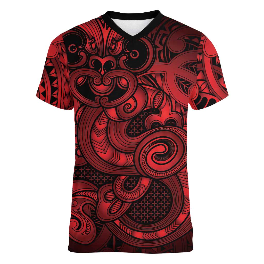 Aotearoa Maori Hei Tiki Women V-Neck T-Shirt Whero Kowhaiwhai Puhoro Motif
