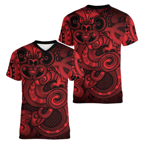 Aotearoa Maori Hei Tiki Women V-Neck T-Shirt Whero Kowhaiwhai Puhoro Motif