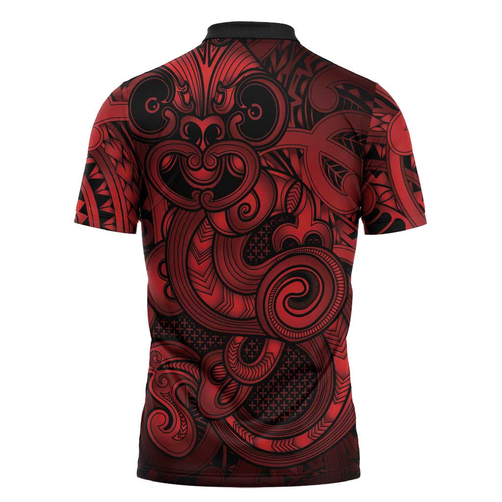Aotearoa Maori Hei Tiki Zipper Polo Shirt Whero Kowhaiwhai Puhoro Motif