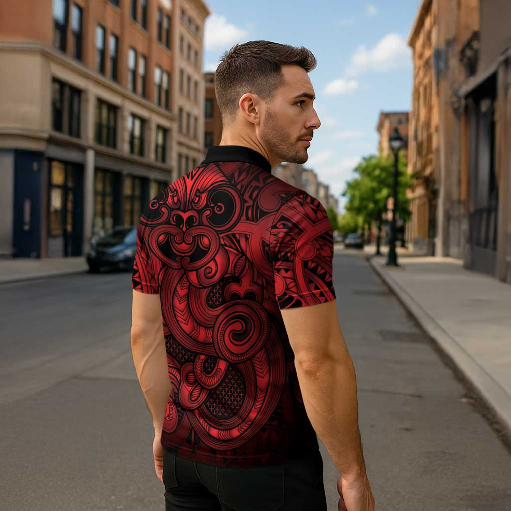 Aotearoa Maori Hei Tiki Zipper Polo Shirt Whero Kowhaiwhai Puhoro Motif
