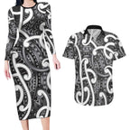 Aotearoa Maori Kowhaiwhai Couples Matching Long Sleeve Bodycon Dress and Hawaiian Shirt Kiwikiwi Puhoro and Patiki