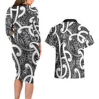 Aotearoa Maori Kowhaiwhai Couples Matching Long Sleeve Bodycon Dress and Hawaiian Shirt Kiwikiwi Puhoro and Patiki