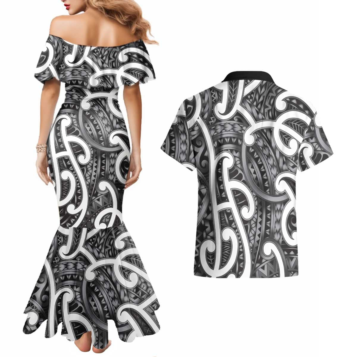 Aotearoa Maori Kowhaiwhai Couples Matching Mermaid Dress and Hawaiian Shirt Kiwikiwi Puhoro and Patiki