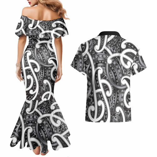 Aotearoa Maori Kowhaiwhai Couples Matching Mermaid Dress and Hawaiian Shirt Kiwikiwi Puhoro and Patiki