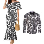 Aotearoa Maori Kowhaiwhai Couples Matching Mermaid Dress and Long Sleeve Button Shirt Kiwikiwi Puhoro and Patiki