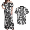 Aotearoa Maori Kowhaiwhai Couples Matching Off Shoulder Maxi Dress and Hawaiian Shirt Kiwikiwi Puhoro and Patiki
