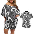Aotearoa Maori Kowhaiwhai Couples Matching Off Shoulder Short Dress and Hawaiian Shirt Kiwikiwi Puhoro and Patiki